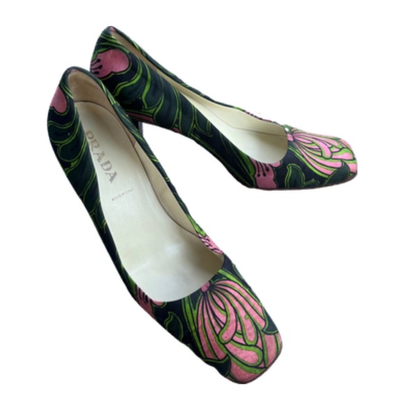 Authentic Vintage PRADA Heels Size 36 Floral Pattern Black Green Pink Block Heel - Picture 2 of 8